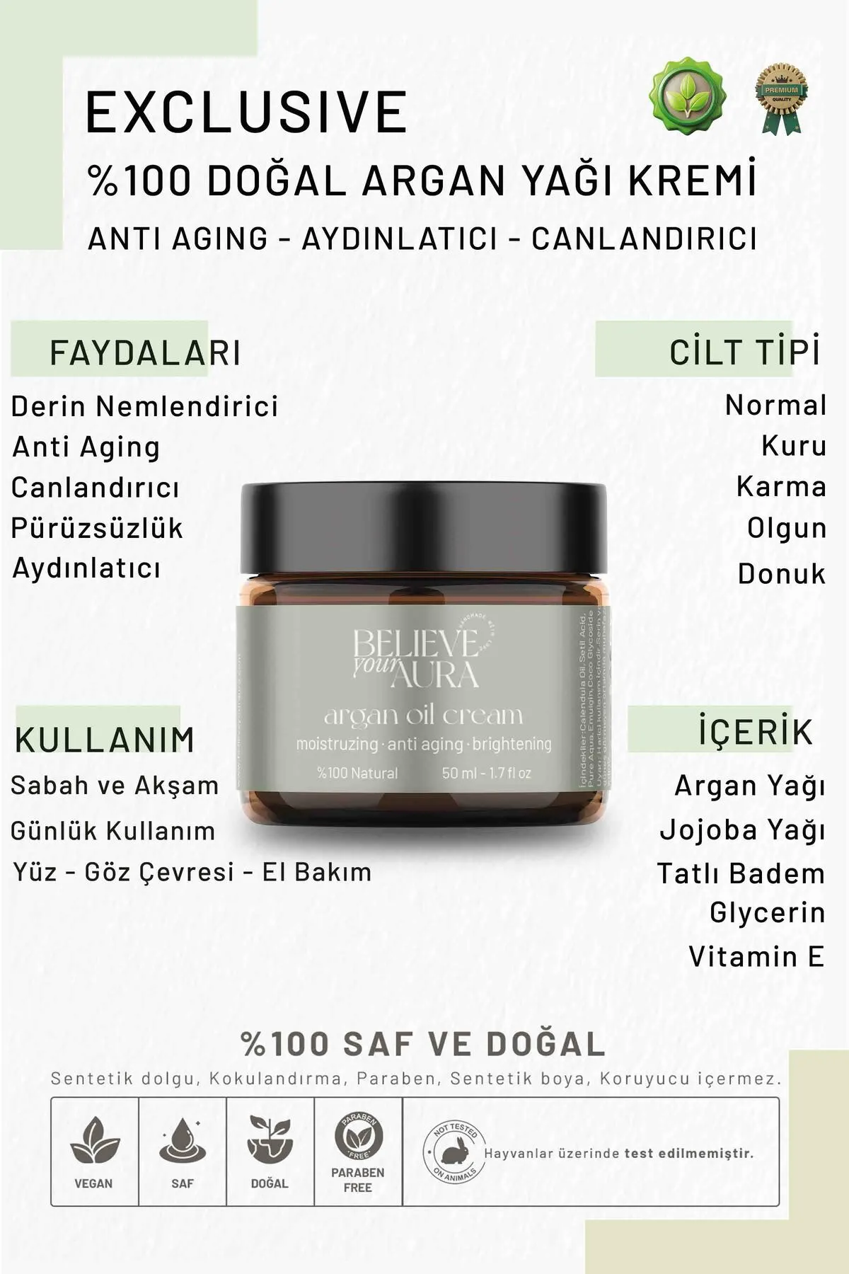 Believe Your Aura Argan Yağı Cilt Bakım Kremi