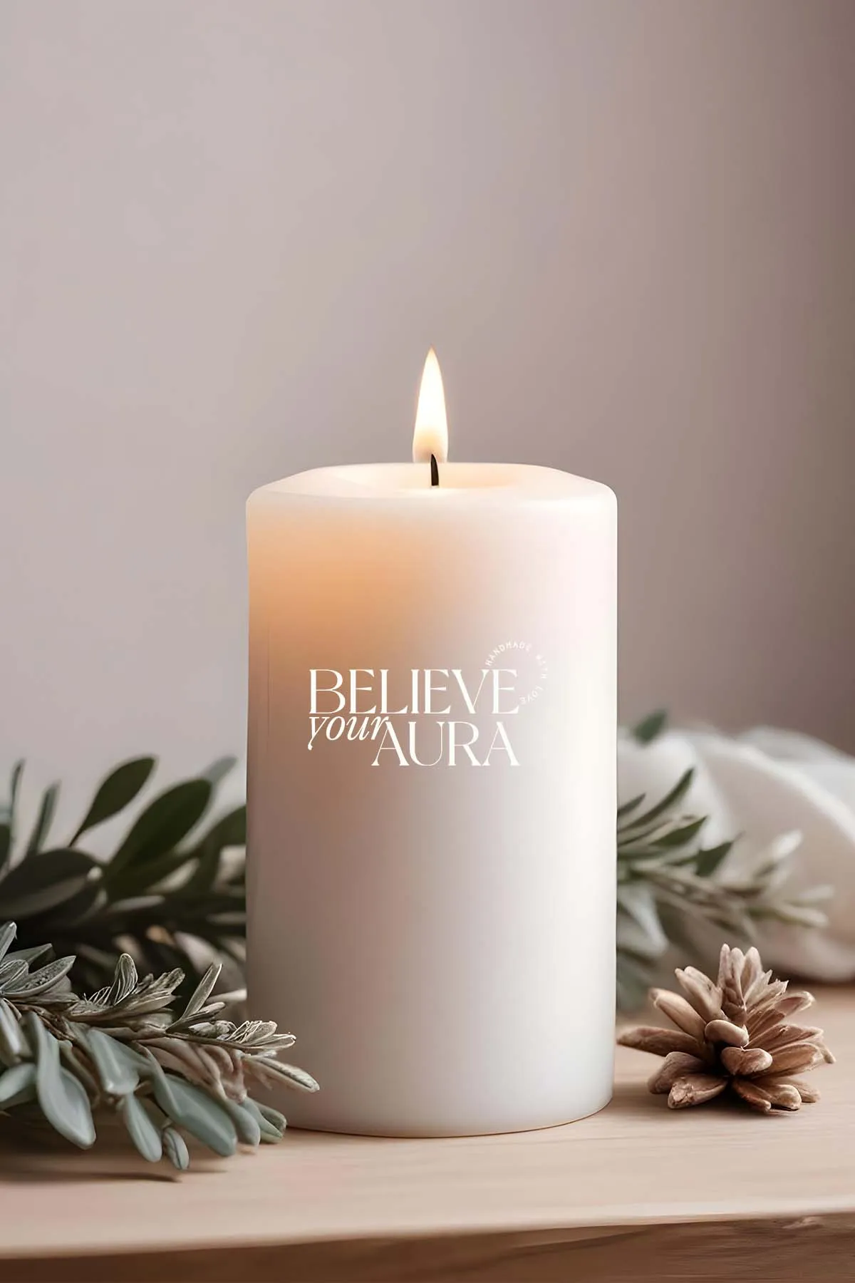 Believe Your Aura Pudra Kokulu Beyaz Silindir Mum KLM207-10-PDR