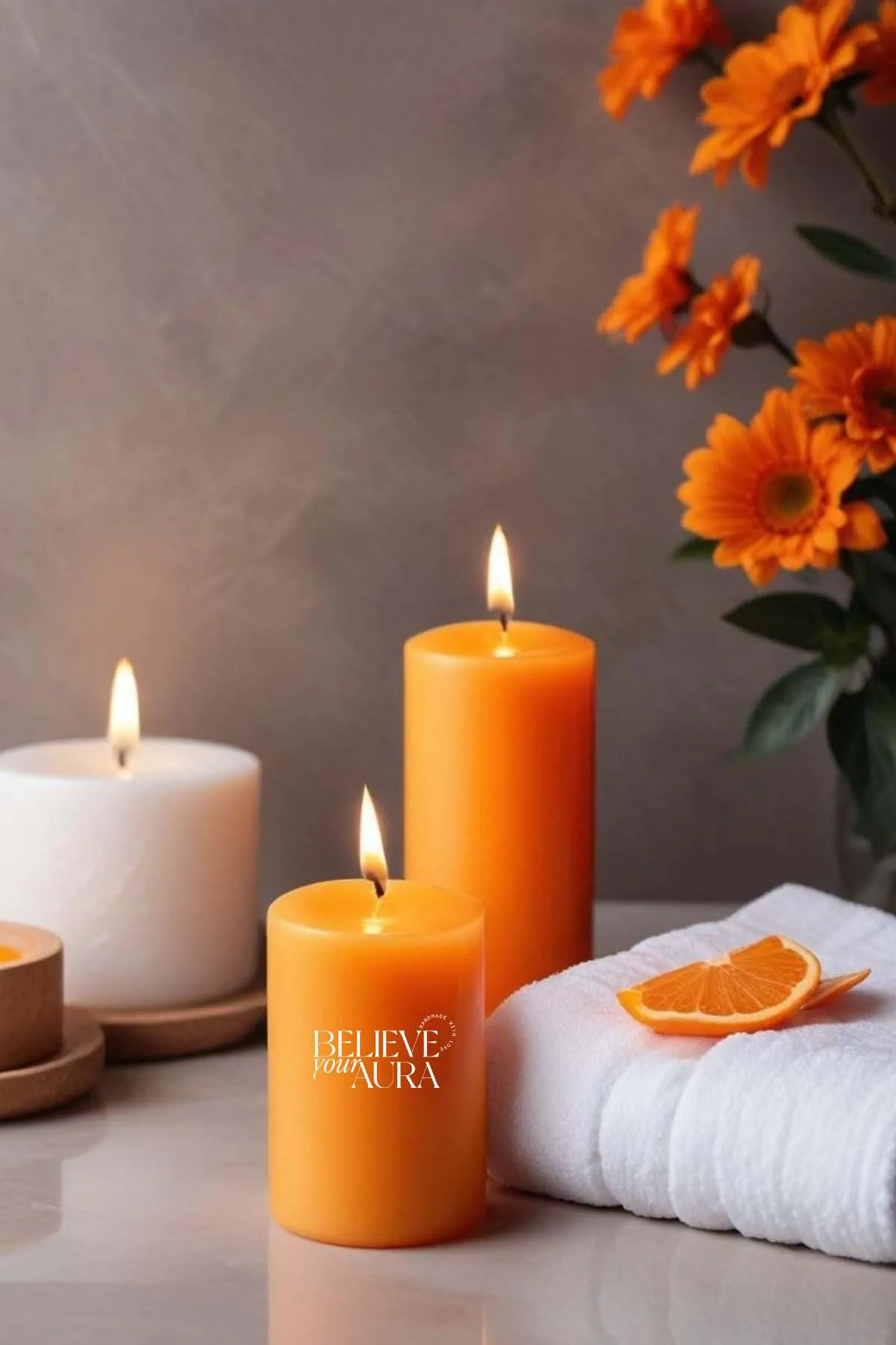 Believe Your Aura Lavanta Kokulu Turuncu Silindir Mum KLM209-16-LVN