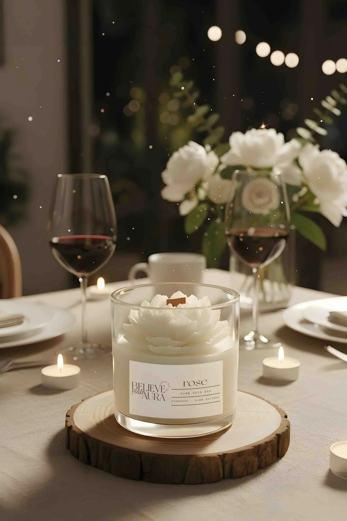 Believe Your Aura Beyaz Şakayık Dekorlu Mum