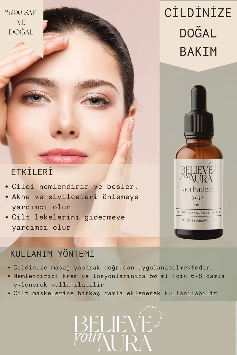 Believe Your Aura Acı Badem Yağı Saf Ve Doğal Cilt Ve Saç Bakım Yağı - Bitter Almond Oil ATYABD-100