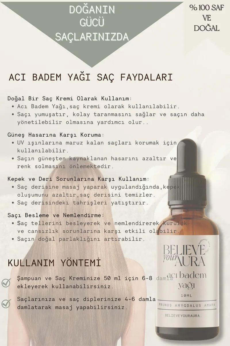 Believe Your Aura Acı Badem Yağı Saf Ve Doğal Cilt Ve Saç Bakım Yağı - Bitter Almond Oil ATYABD-100