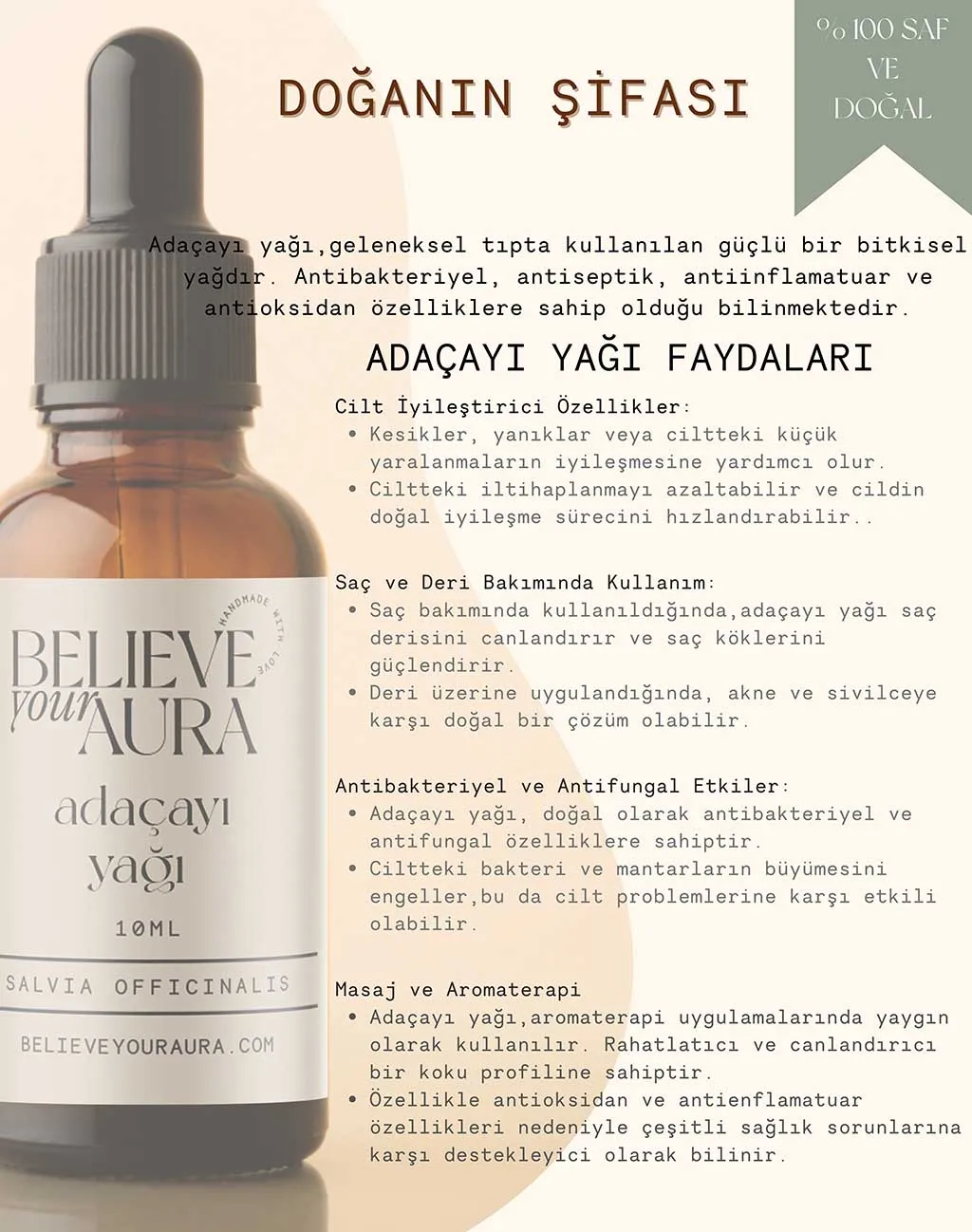 Believe Your Aura %100 Saf Organik Adaçayı Yağı - 10 ml ATYADC-101