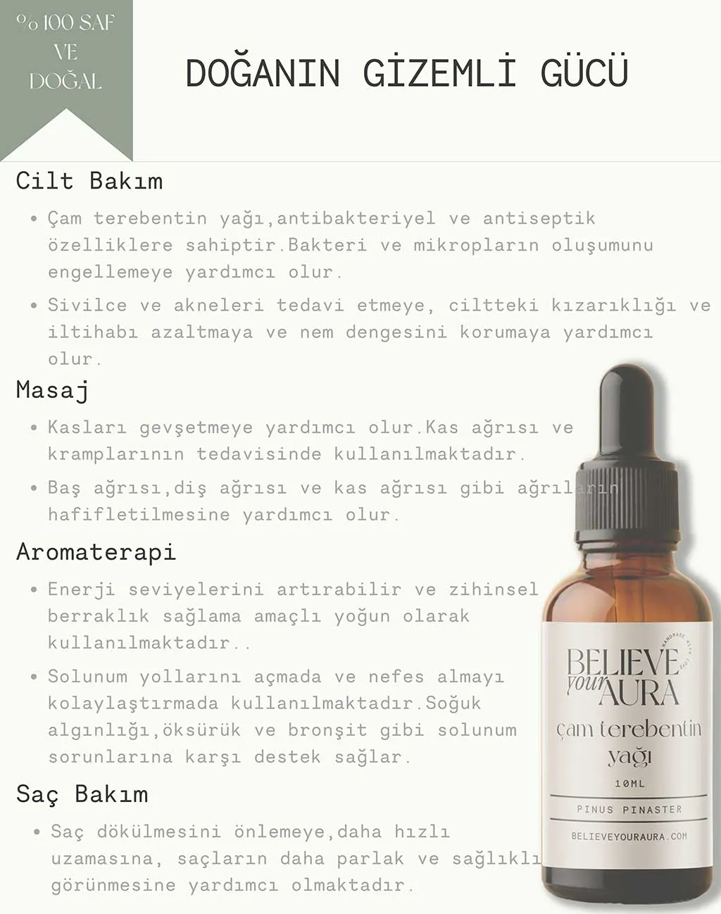 Believe Your Aura %100 Saf Organik Çam Terebentin Yağı - 10 ml ATYCMT-203