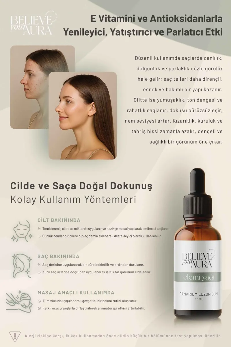 Believe Your Aura Elemi Yağı Antiaging Cilt ve Saç Bakım Yağı ATYELE-303