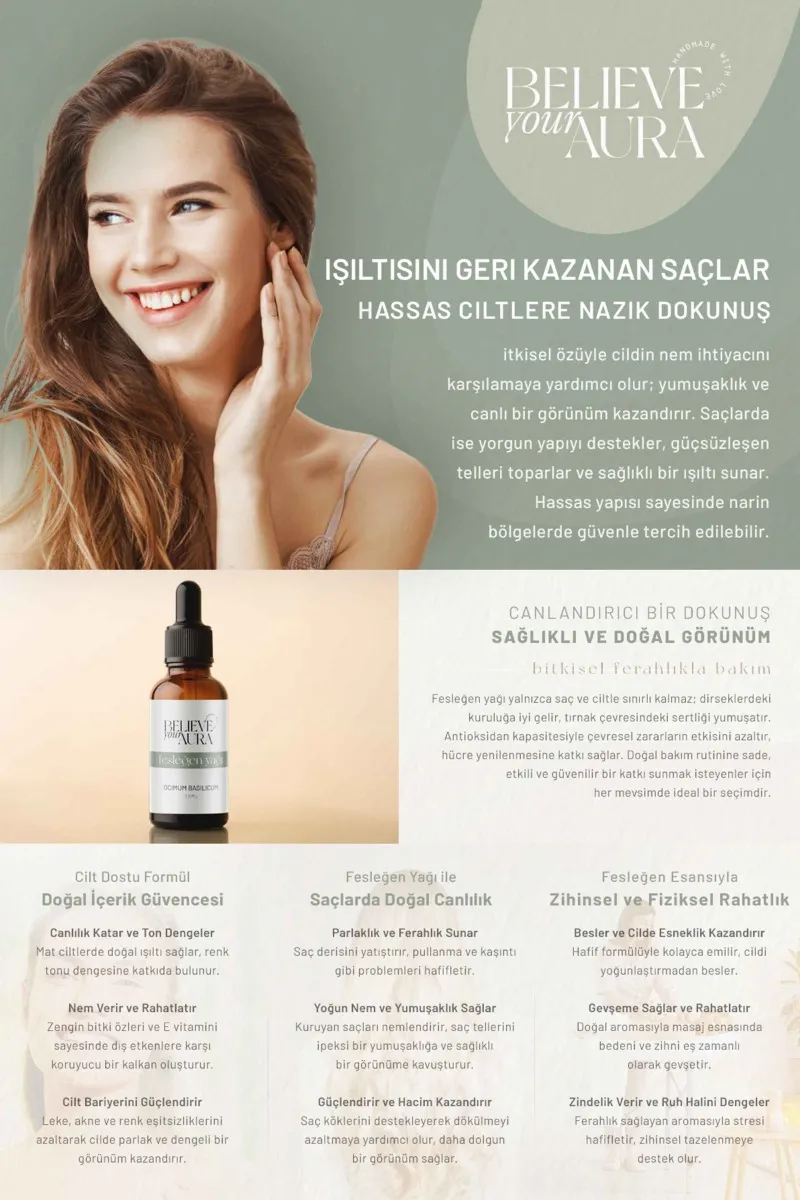 Believe Your Aura Fesleğen Yağı Kepek Karşıtı Cilt ve Saç Bakım Yağı ATYFSL-352