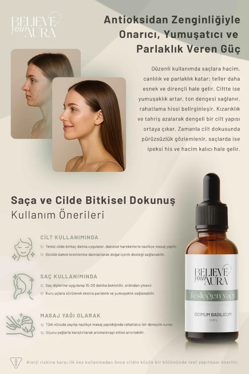 Believe Your Aura Fesleğen Yağı Kepek Karşıtı Cilt ve Saç Bakım Yağı ATYFSL-352
