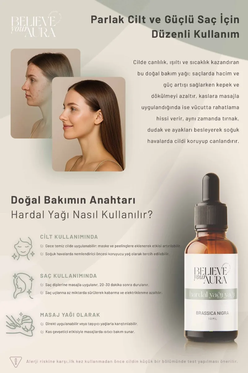 Believe Your Aura Hardal Yağı Saf ve Doğal Cilt ve Saç Bakım ve Masaj Yağı ATYHAR-452