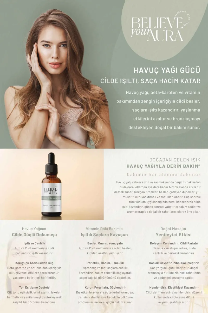 Believe Your Aura Havuç Tohumu Yağı Cilt Yenileyici Anti Aging Cilt ve Saç Bakım Yağı ATYHAT-451