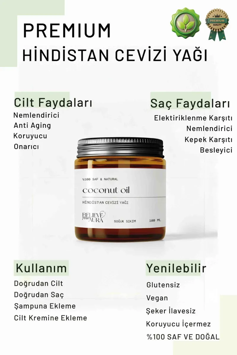 Believe Your Aura Hindistan Cevizi Yağı - %100 Saf ve Doğal Soğuk Sıkım Hindistan Cevizi Yağı - ATYHNC-451
