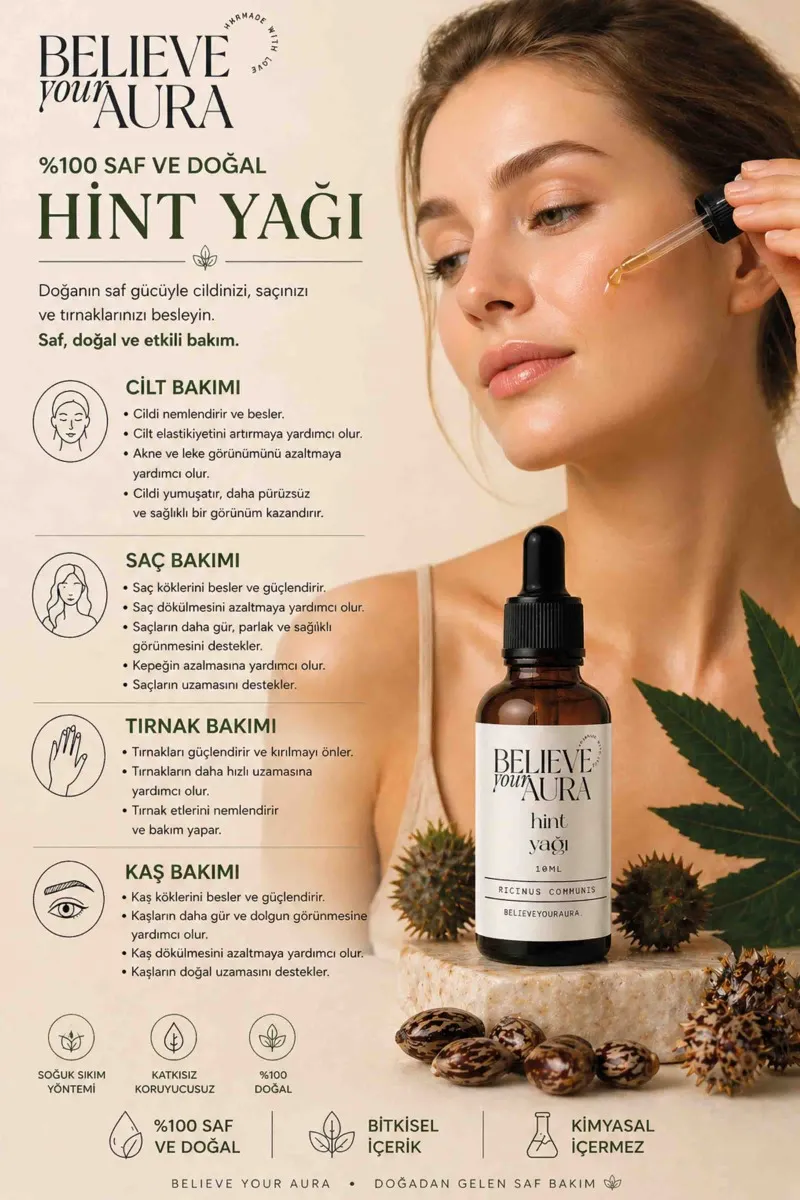 Believe Your Aura Hint Yağı - %100 Saf Ve Doğal Cilt Ve Saç Bakım Yağı - Castor Oil ATYHNT-450