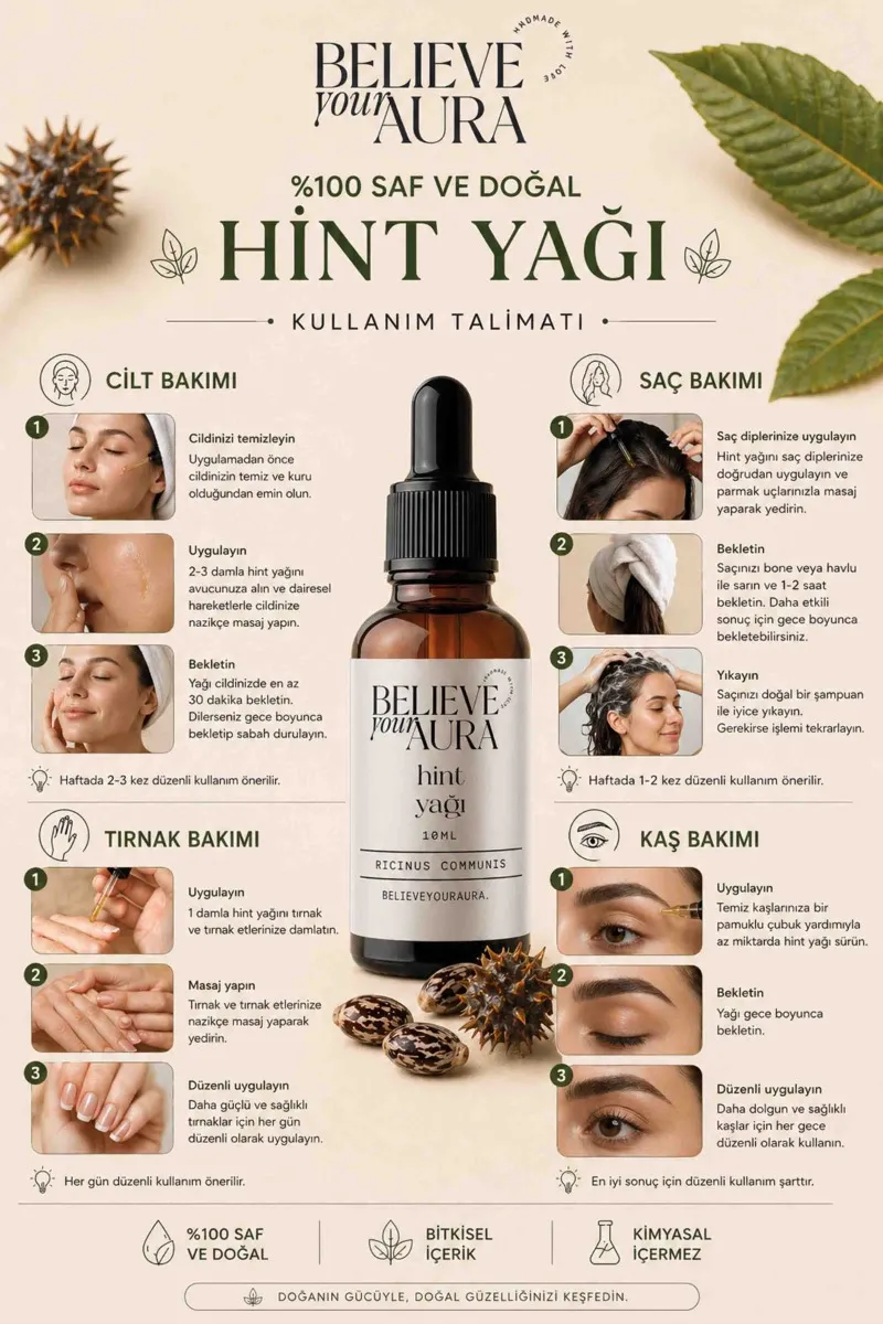 Believe Your Aura Hint Yağı - %100 Saf Ve Doğal Cilt Ve Saç Bakım Yağı - Castor Oil ATYHNT-450