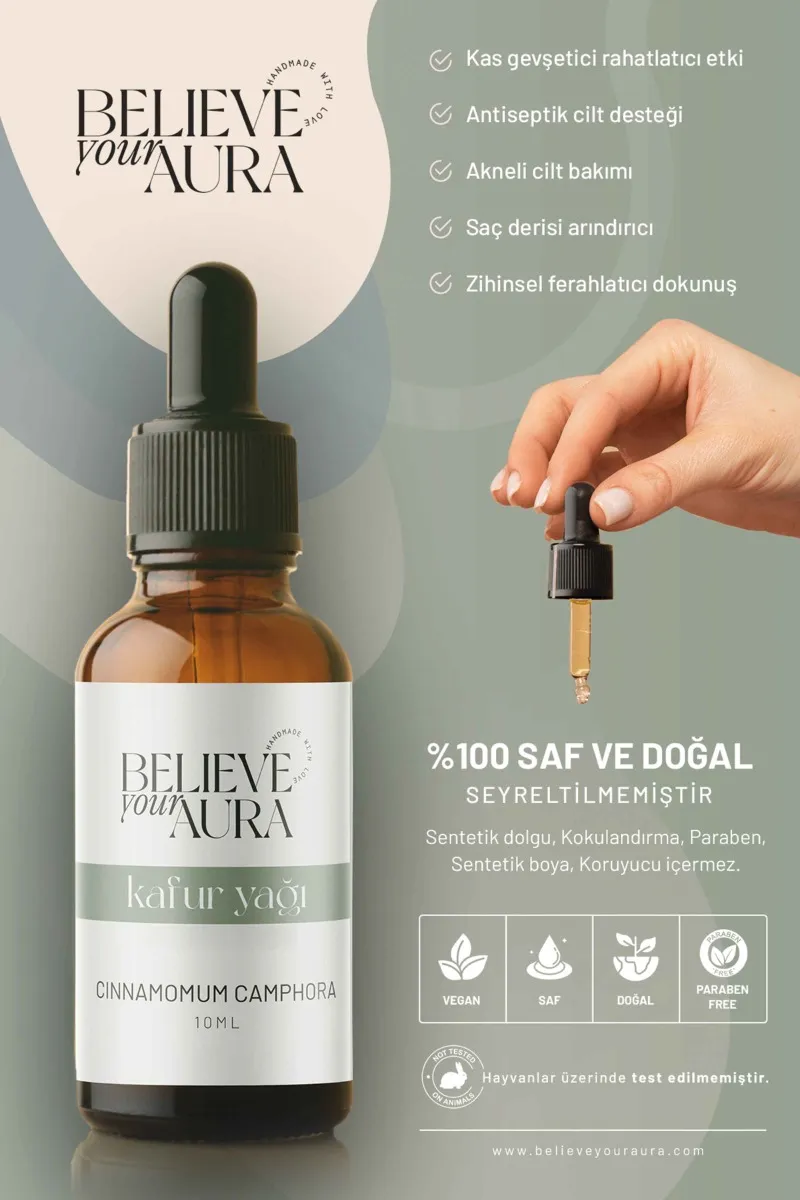 Believe Your Aura Kafur Yağı Saf ve Doğal Cilt Tahrişi Bakım ve Masaj Yağı ATYKAF-610