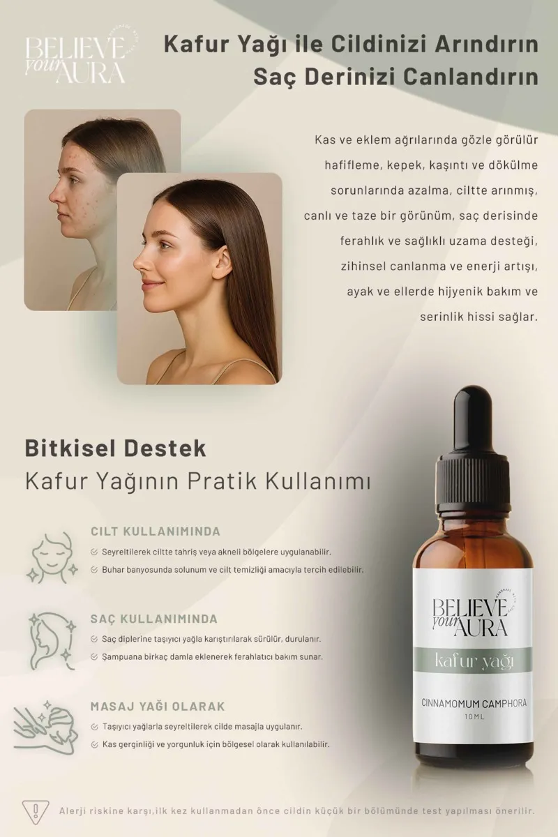 Believe Your Aura Kafur Yağı Saf ve Doğal Cilt Tahrişi Bakım ve Masaj Yağı ATYKAF-610