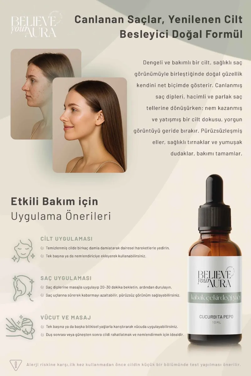Believe Your Aura Kabak Çekirdeği Yağı Yaşlanma Karşıtı Cilt ve Saç Bakım Yağı ATYKBÇ-611