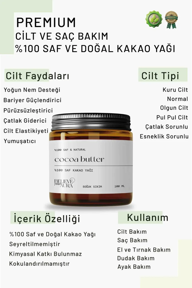 Believe Your Aura Kakao Yağı - %100 Saf ve Doğal Nemlendirici Çatlak Giderici Pürüzsüzleştirici Bakım Yağı -ATYKKO-614