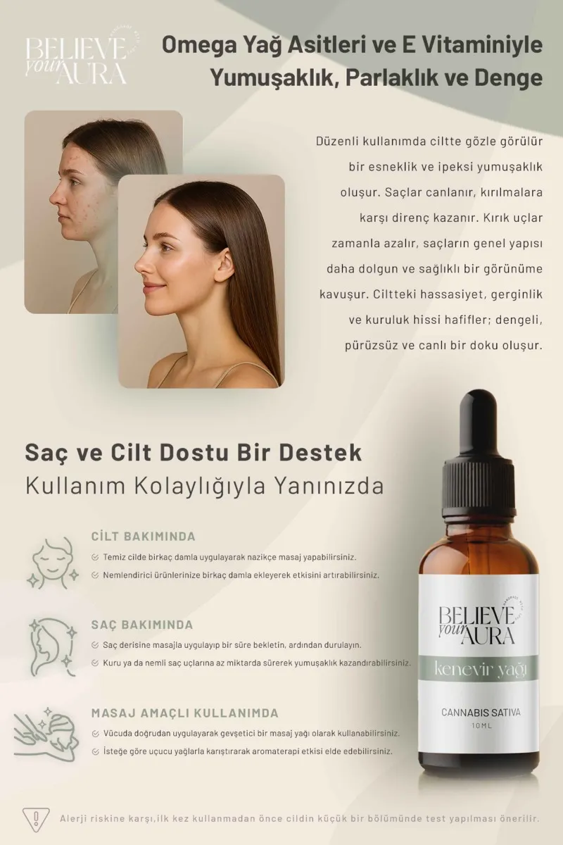 Believe Your Aura Kenevir Yağı Canlandırıcı ve Tazeleyici Cilt ve Saç Bakım Yağı ATYKNV-612