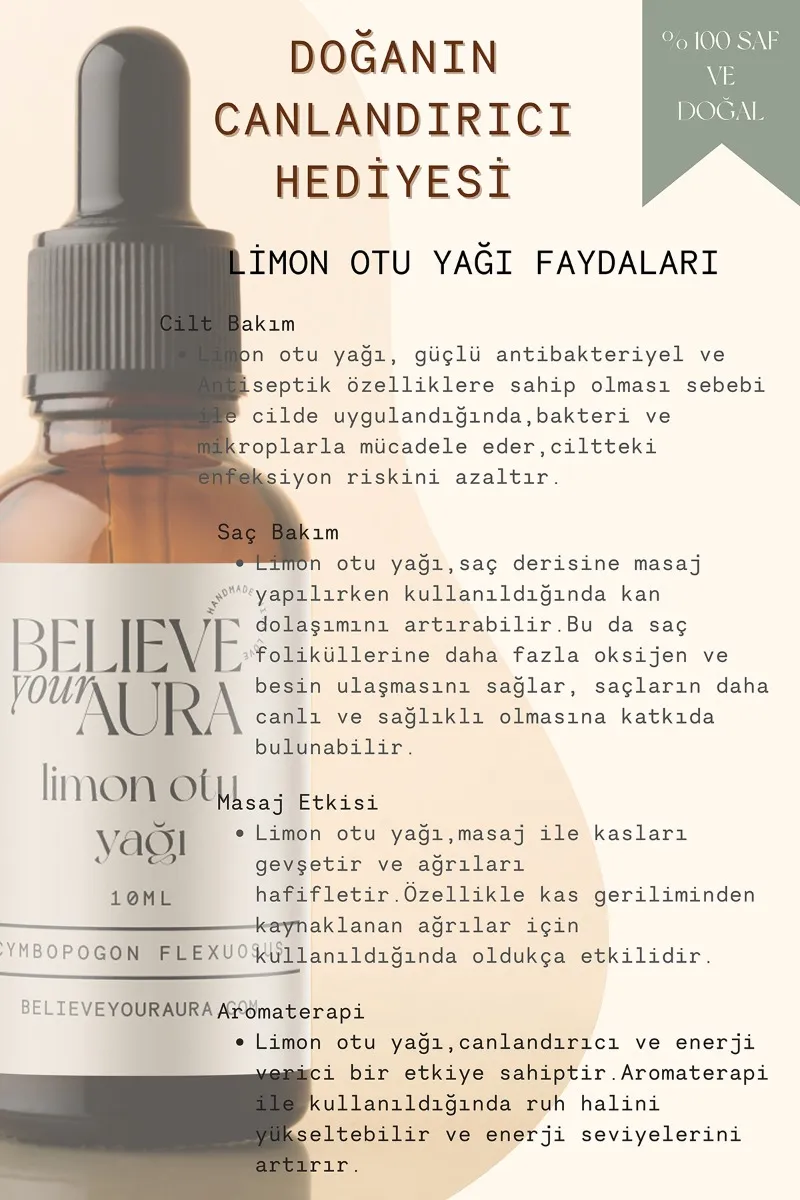 Believe Your Aura Limon Otu Yağı - %100 Saf Ve Doğal Cilt Ve Saç Bakım Aromaterapi Yağı - Lemongrass Oil - ATYLMO