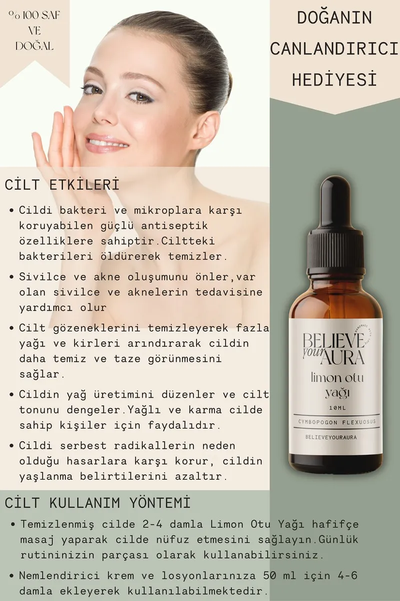 Believe Your Aura Limon Otu Yağı - %100 Saf Ve Doğal Cilt Ve Saç Bakım Aromaterapi Yağı - Lemongrass Oil - ATYLMO