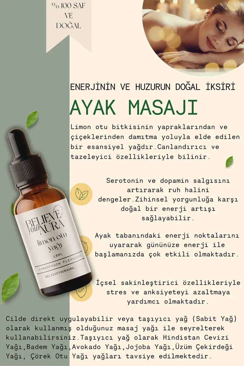 Believe Your Aura Limon Otu Yağı - %100 Saf Ve Doğal Cilt Ve Saç Bakım Aromaterapi Yağı - Lemongrass Oil - ATYLMO
