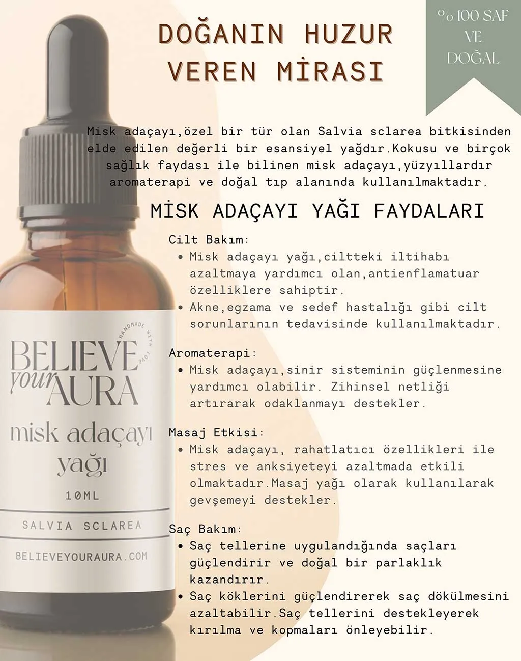 Believe Your Aura %100 Saf Organik Misk Adaçayı Yağı - 10 ml ATYMAD-701