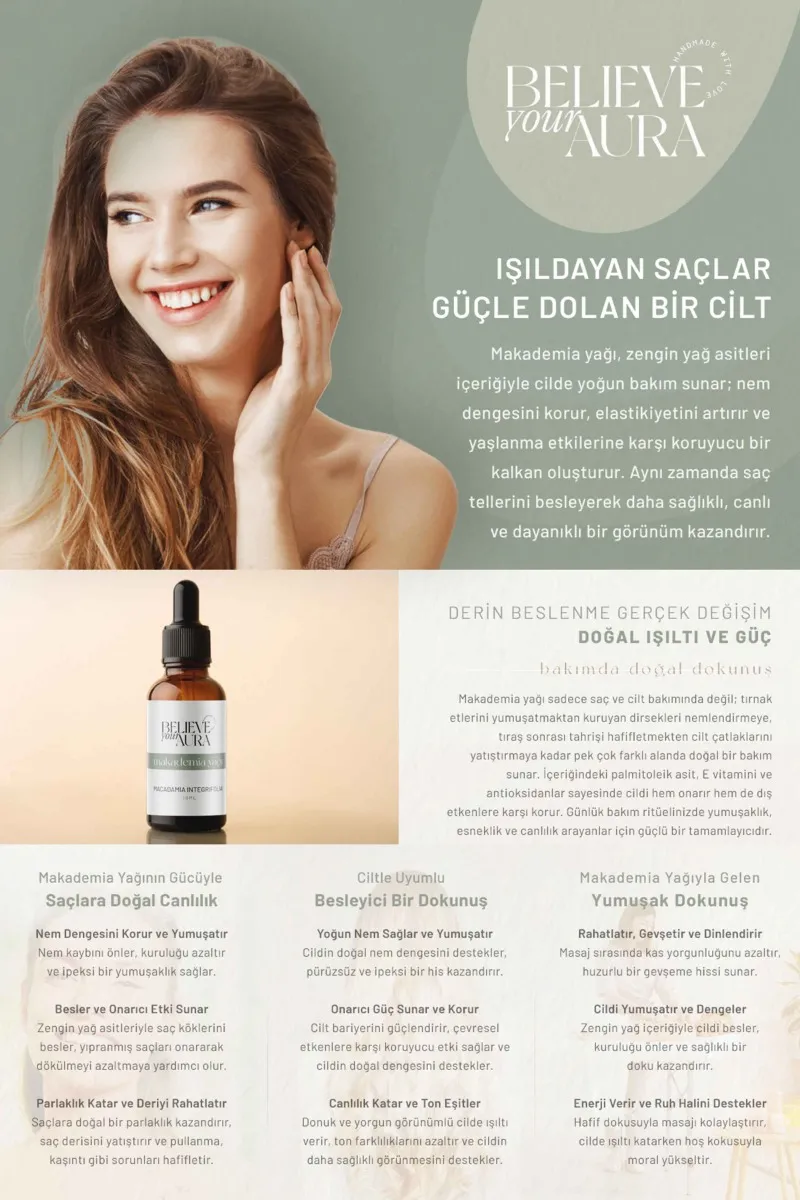 Believe Your Aura Macadamia Yağı Nemlendirici ve Canlandırıcı Cilt ve Saç Bakım Yağı ATYMAK-704