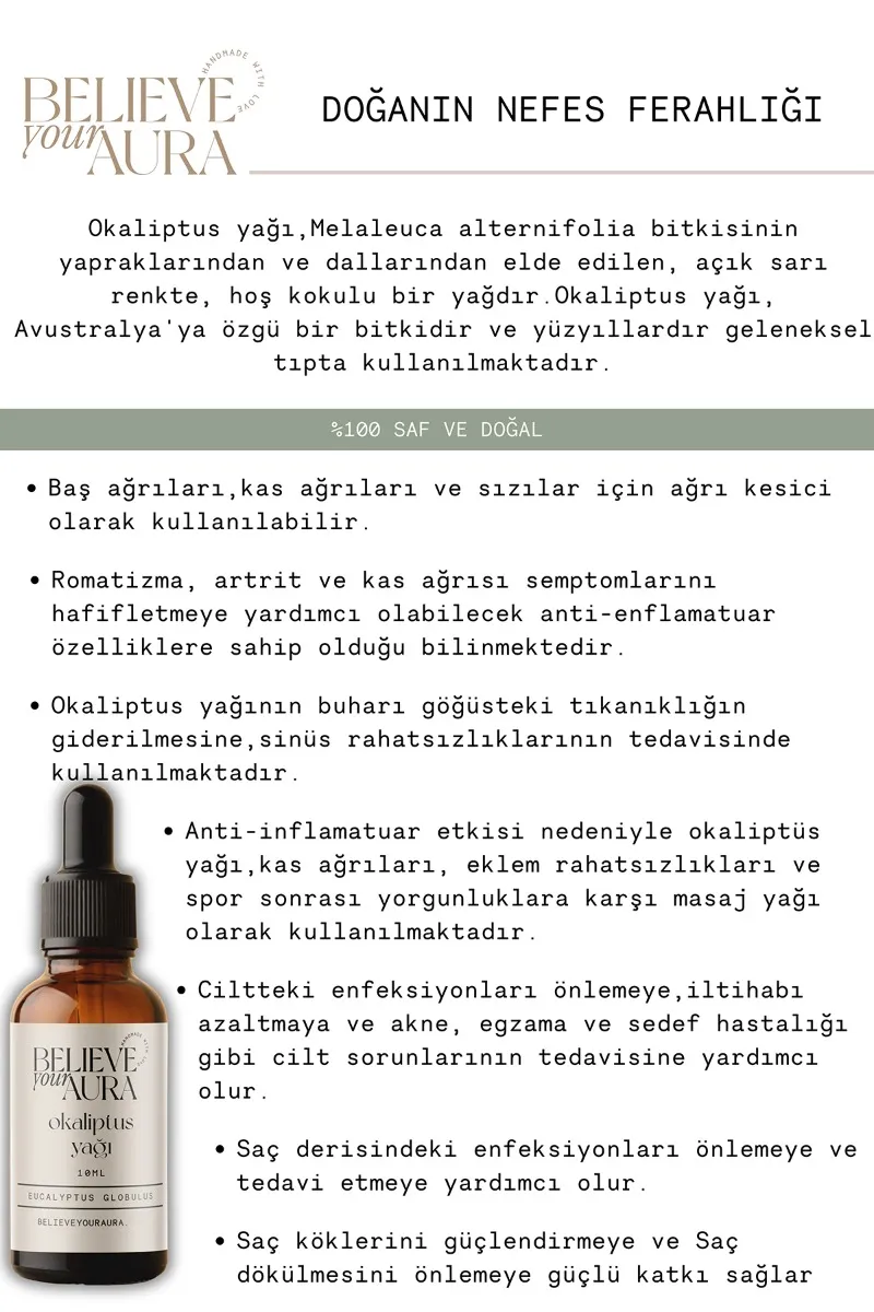 Believe Your Aura Okaliptus Yağı - %100 Saf Ve Doğal Cilt Ve Saç Bakım Aromaterapi Uçucu Yağı - Eucalyptus Oil ATYOKL