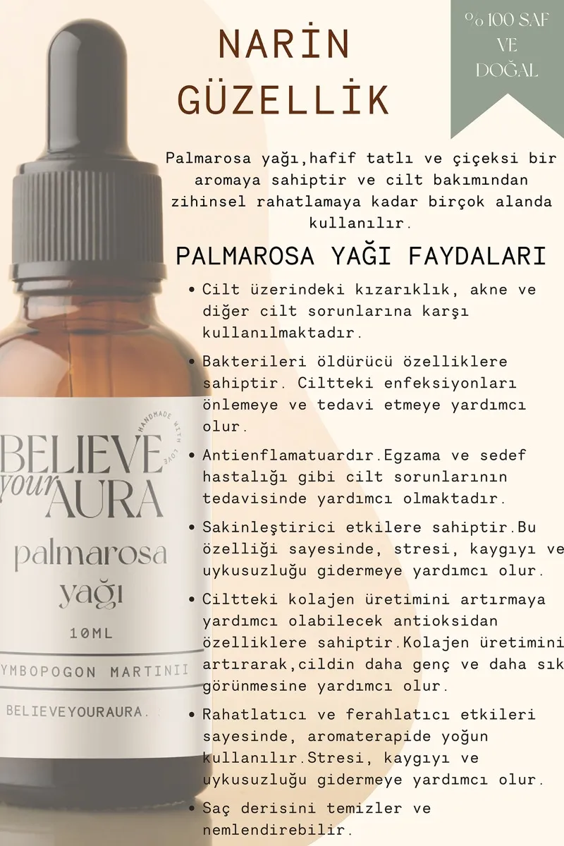 Believe Your Aura Palmarosa Yağı - %100 Saf ve Doğal Cilt ve Saç Bakım Yağı - Palmarosa Oil ATYPLM