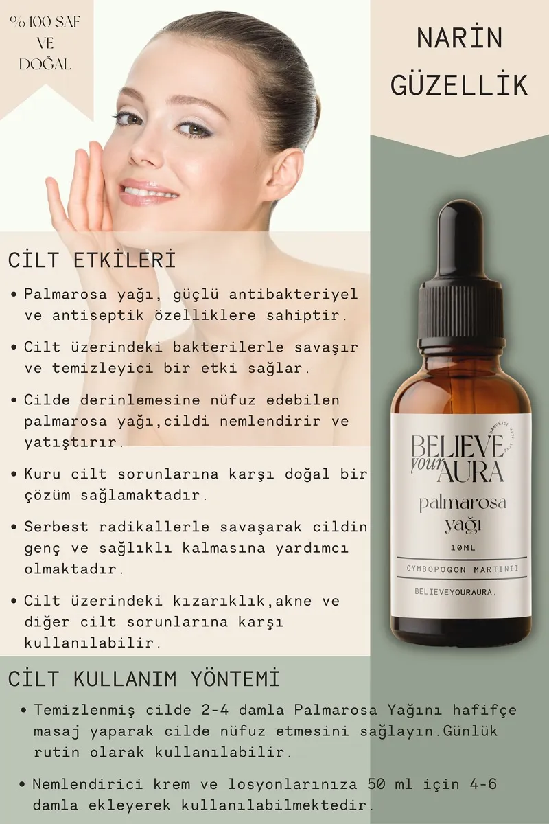 Believe Your Aura Palmarosa Yağı - %100 Saf ve Doğal Cilt ve Saç Bakım Yağı - Palmarosa Oil ATYPLM