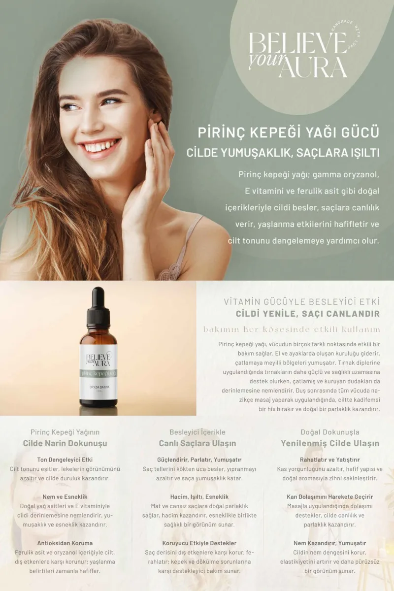 Believe Your Aura Pirinç Kepeği Yağı Yatıştırıcı ve Dengeleyici Cilt ve Saç Bakım Yağı ATYPRK-858