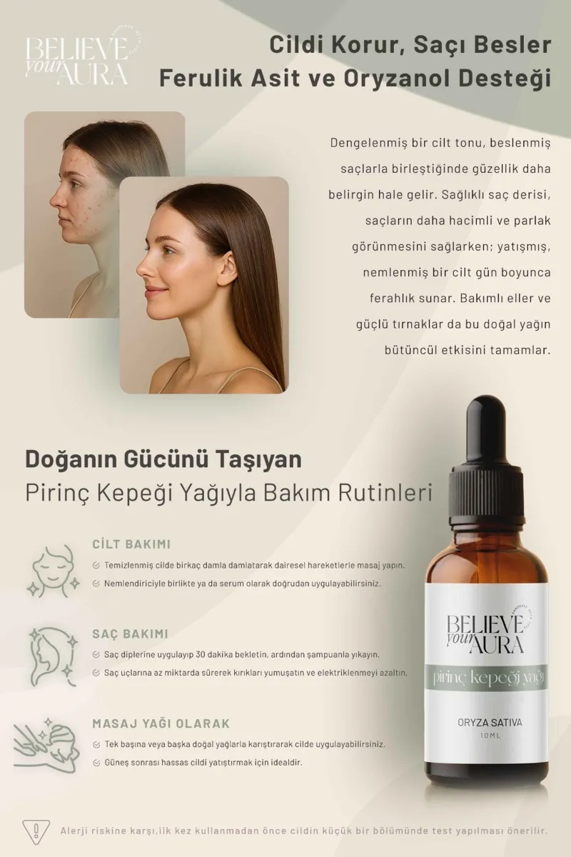 Believe Your Aura Pirinç Kepeği Yağı Yatıştırıcı ve Dengeleyici Cilt ve Saç Bakım Yağı ATYPRK-858