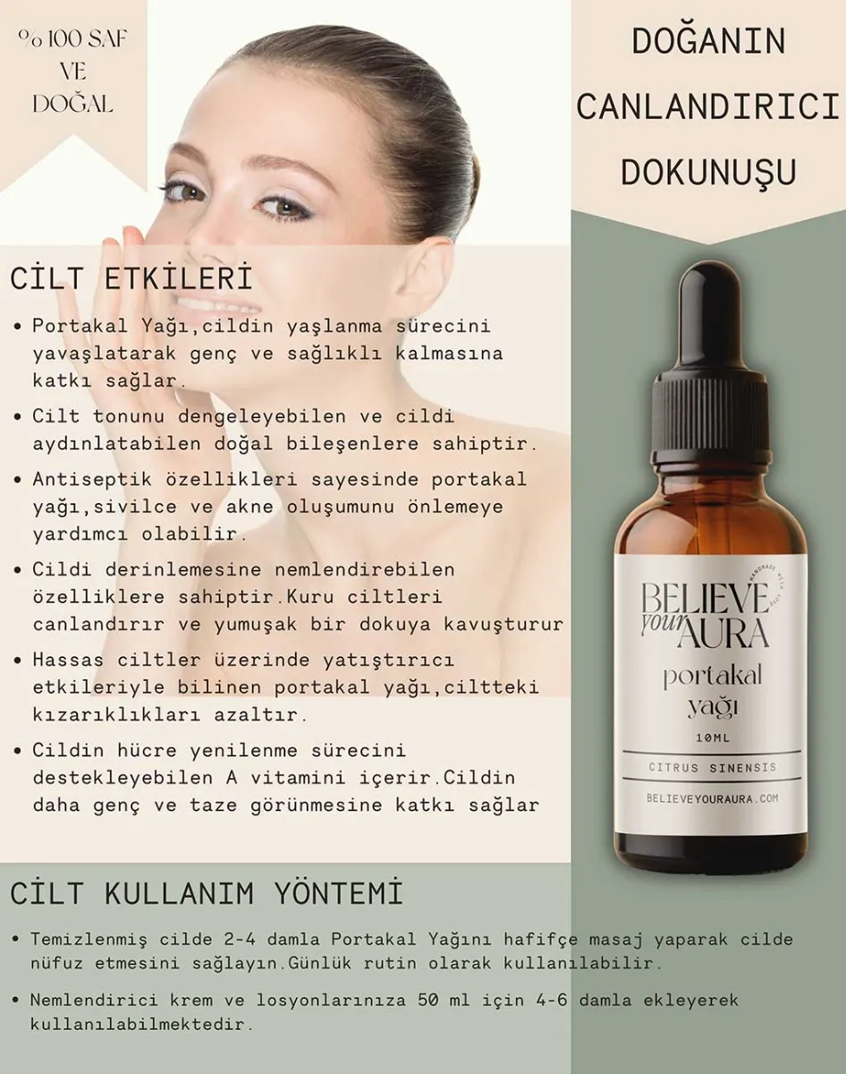 Believe Your Aura Portakal Yağı - %100 Saf Arındırıcı Canlandırıcı Cilt ve Saç Bakım Yağı - Neroli Oil - ATYPTK