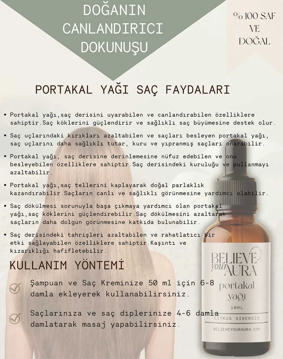 Believe Your Aura Portakal Yağı - %100 Saf Arındırıcı Canlandırıcı Cilt ve Saç Bakım Yağı - Neroli Oil - ATYPTK