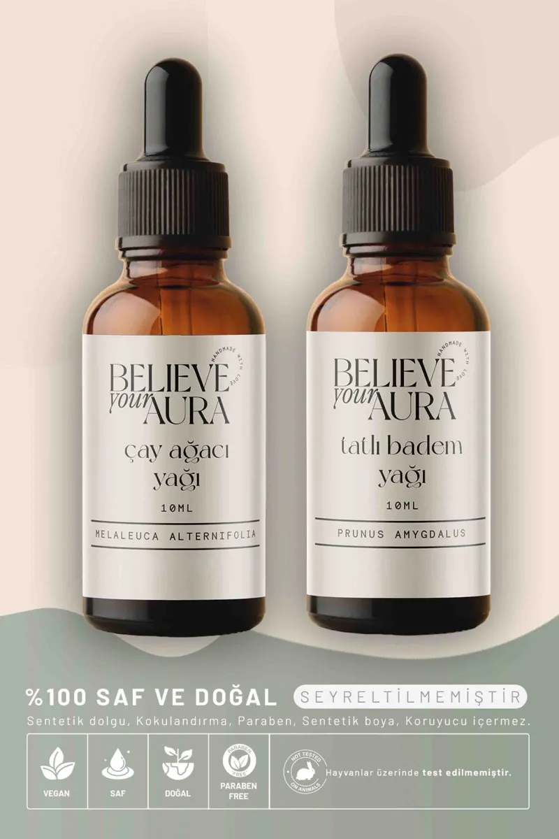 Believe Your Aura Çay Ağacı Yağı ve Tatlı Badem Yağı Saç ve Cilt Bakım Seti - Akne Karşıtı Anti Aging - ATYSETCTBD-10