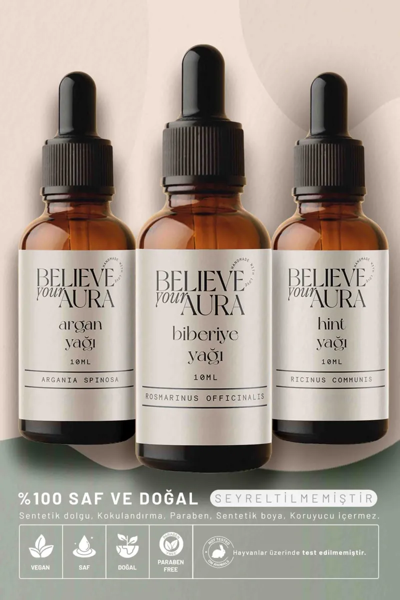 Believe Your Aura Cilt ve Saç Bakım Seti - %100 Saf ve Doğal Hint Argan Biberiye Yağı Cilt ve Saç Bakım Seti - ATYSETHAB