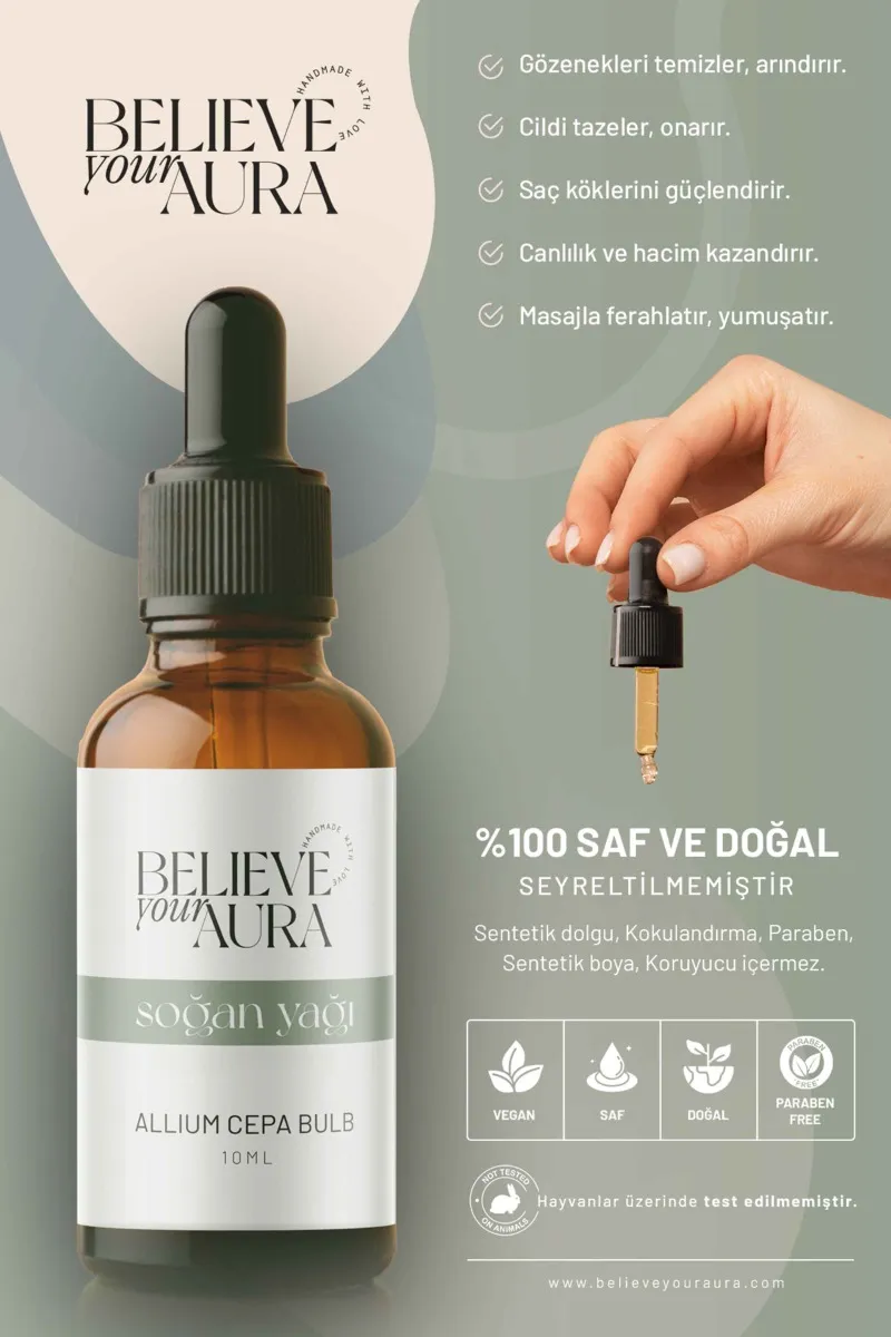 Believe Your Aura Soğan Yağı Saf ve Doğal Gözenek Sıkılaştırıcı Onarıcı Cilt ve Saç Bakım Yağı ATYSGN-958