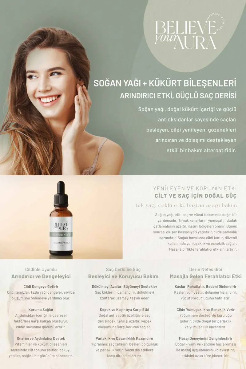 Believe Your Aura Soğan Yağı Saf ve Doğal Gözenek Sıkılaştırıcı Onarıcı Cilt ve Saç Bakım Yağı ATYSGN-958