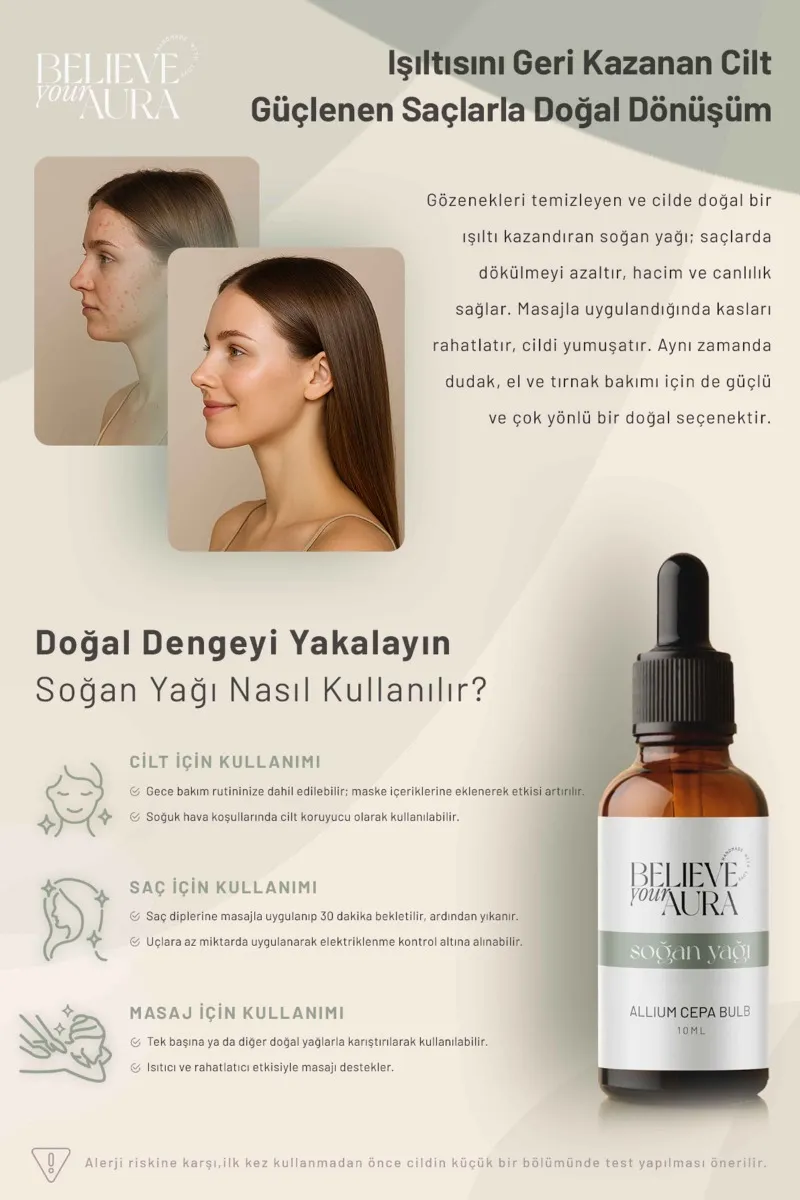 Believe Your Aura Soğan Yağı Saf ve Doğal Gözenek Sıkılaştırıcı Onarıcı Cilt ve Saç Bakım Yağı ATYSGN-958