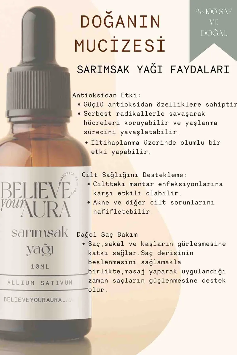 Believe Your Aura Sarımsak Yağı - %100 Saf ve Doğal Akne Karşıtı Dökülme Karşıtı Cilt ve Saç Bakım Yağı - Garlic Oil - ATYSRS
