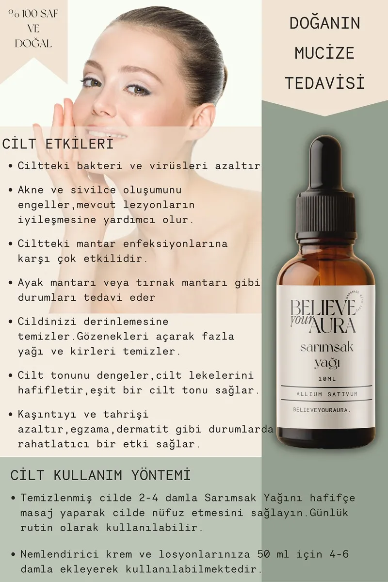 Believe Your Aura Sarımsak Yağı - %100 Saf ve Doğal Akne Karşıtı Dökülme Karşıtı Cilt ve Saç Bakım Yağı - Garlic Oil - ATYSRS
