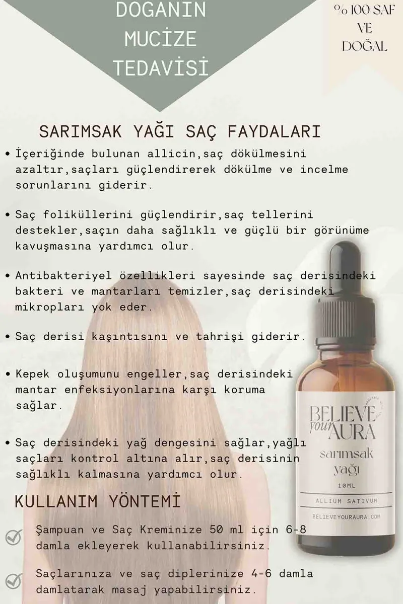 Believe Your Aura Sarımsak Yağı - %100 Saf ve Doğal Akne Karşıtı Dökülme Karşıtı Cilt ve Saç Bakım Yağı - Garlic Oil - ATYSRS