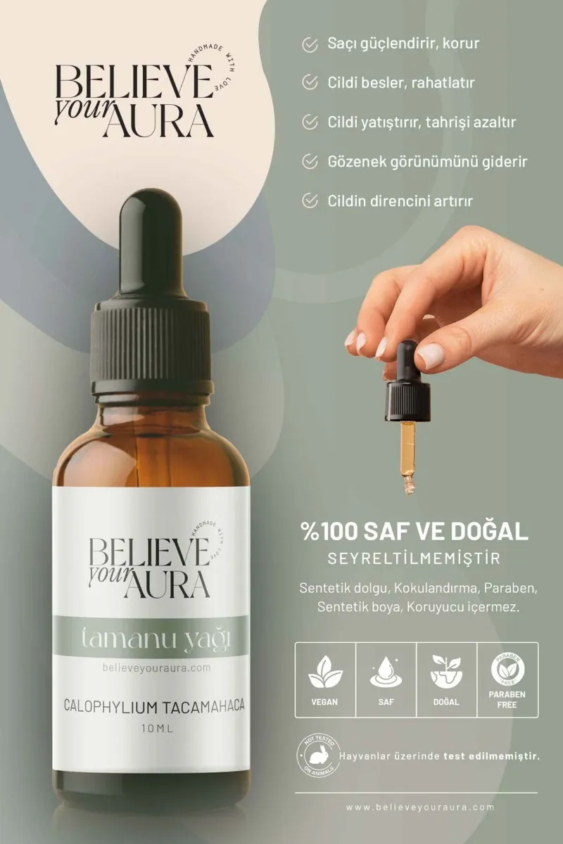 Believe Your Aura Tamanu Yağı Saf ve Doğal Onarıcı Yenileyici Cilt ve Saç Bakım Yağı ATYTMN-1002