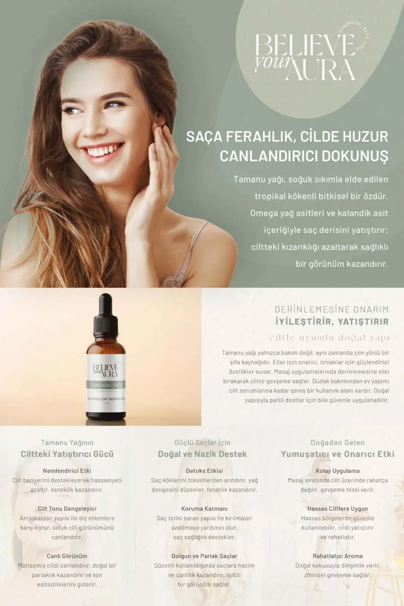 Believe Your Aura Tamanu Yağı Saf ve Doğal Onarıcı Yenileyici Cilt ve Saç Bakım Yağı ATYTMN-1002