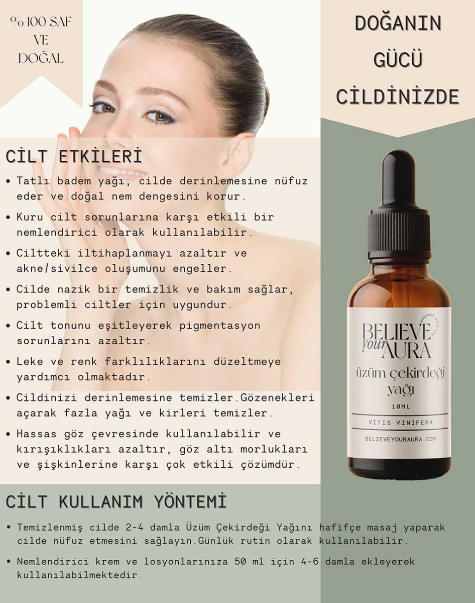 Believe Your Aura Üzüm Çekirdeği Yağı - %100 Saf ve Doğal Leke Karşıtı Anti Aging Cilt ve Saç Bakım Yağı - Grapeseed Oil ATYUCK