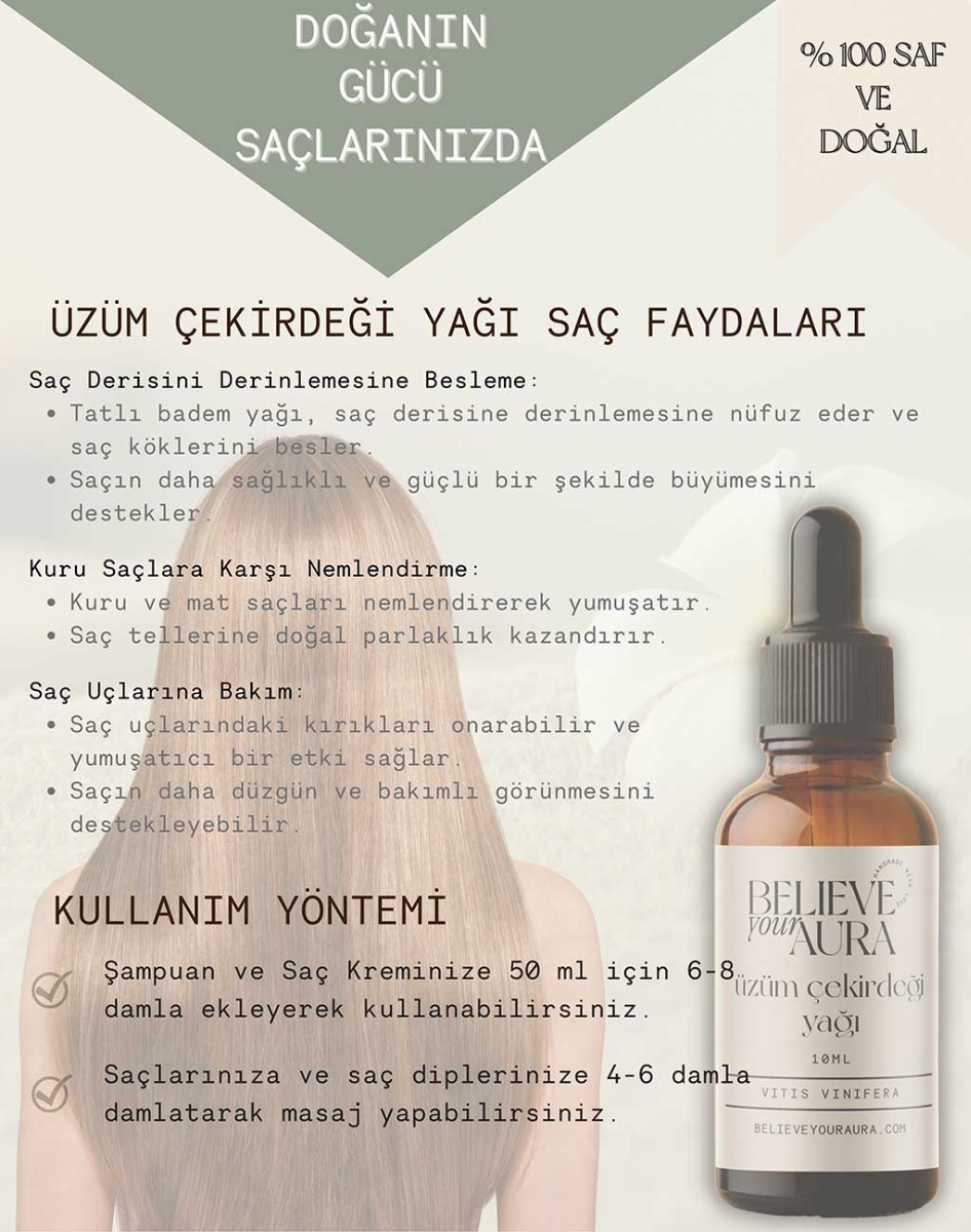 Believe Your Aura Üzüm Çekirdeği Yağı - %100 Saf ve Doğal Leke Karşıtı Anti Aging Cilt ve Saç Bakım Yağı - Grapeseed Oil ATYUCK