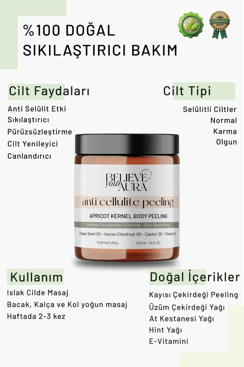 Believe Your Aura Anti Selülit Vücut Peelingi - %100 Doğal Selülit Karşıtı Sıkılaştırıcı Body Scrub BDSBODY100-220