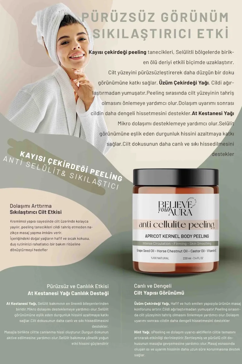 Believe Your Aura Anti Selülit Vücut Peelingi - %100 Doğal Selülit Karşıtı Sıkılaştırıcı Body Scrub BDSBODY100-220