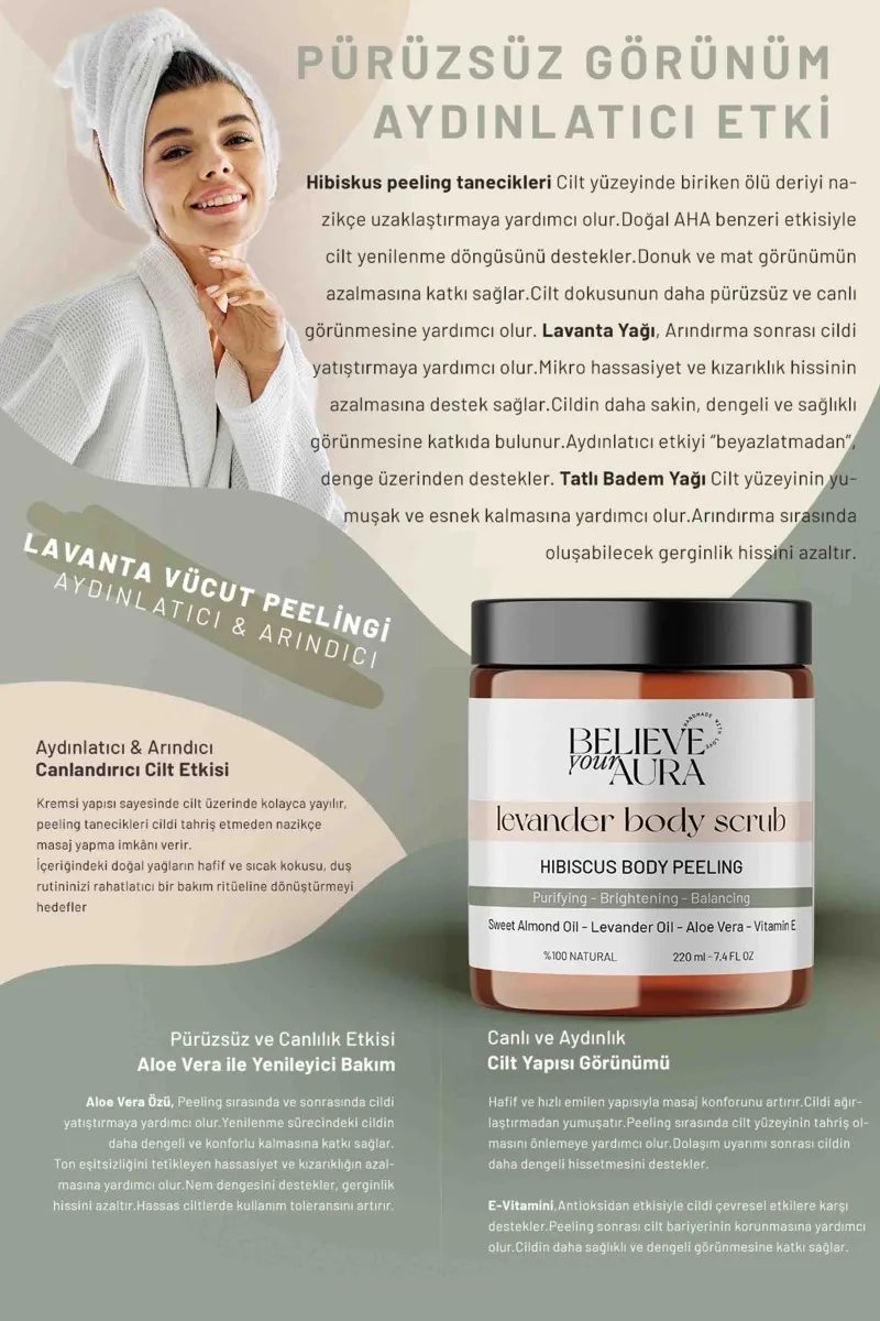 Believe Your Aura Lavanta Yağı El ve Vücut Peelingi - Arındıcı Aydınlatıcı Batık Karşıtı El ve Vücut Peelingi - BDSBODY107-220