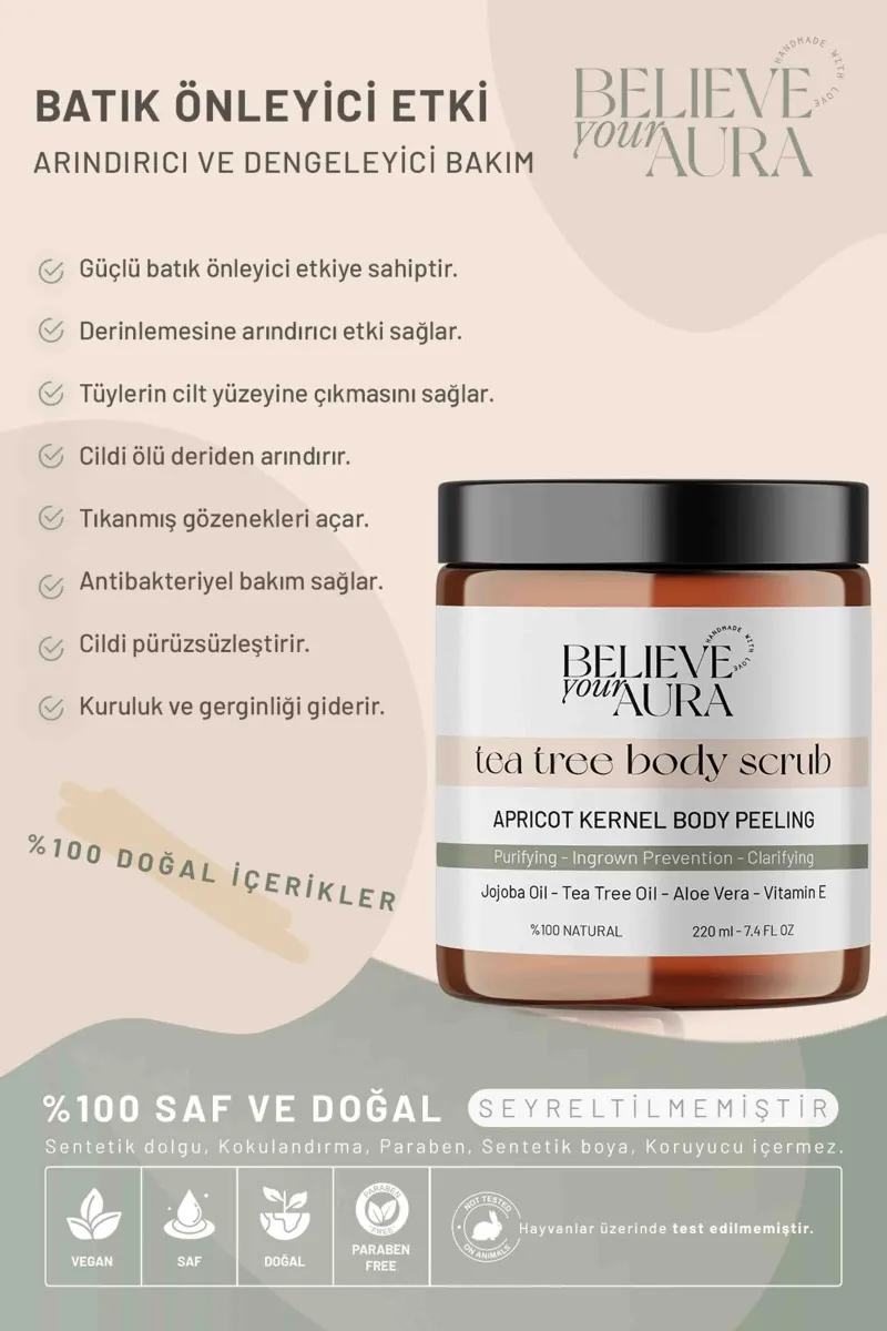 Believe Your Aura Çay Ağacı Yağı Vücut Peelingi - Batık Karşıtı Yenileyici Gözenek Temizleyici Vücut Peelingi - BDSBODY108-220