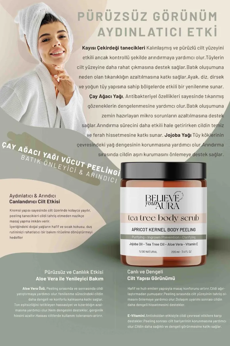 Believe Your Aura Çay Ağacı Yağı Vücut Peelingi - Batık Karşıtı Yenileyici Gözenek Temizleyici Vücut Peelingi - BDSBODY108-220
